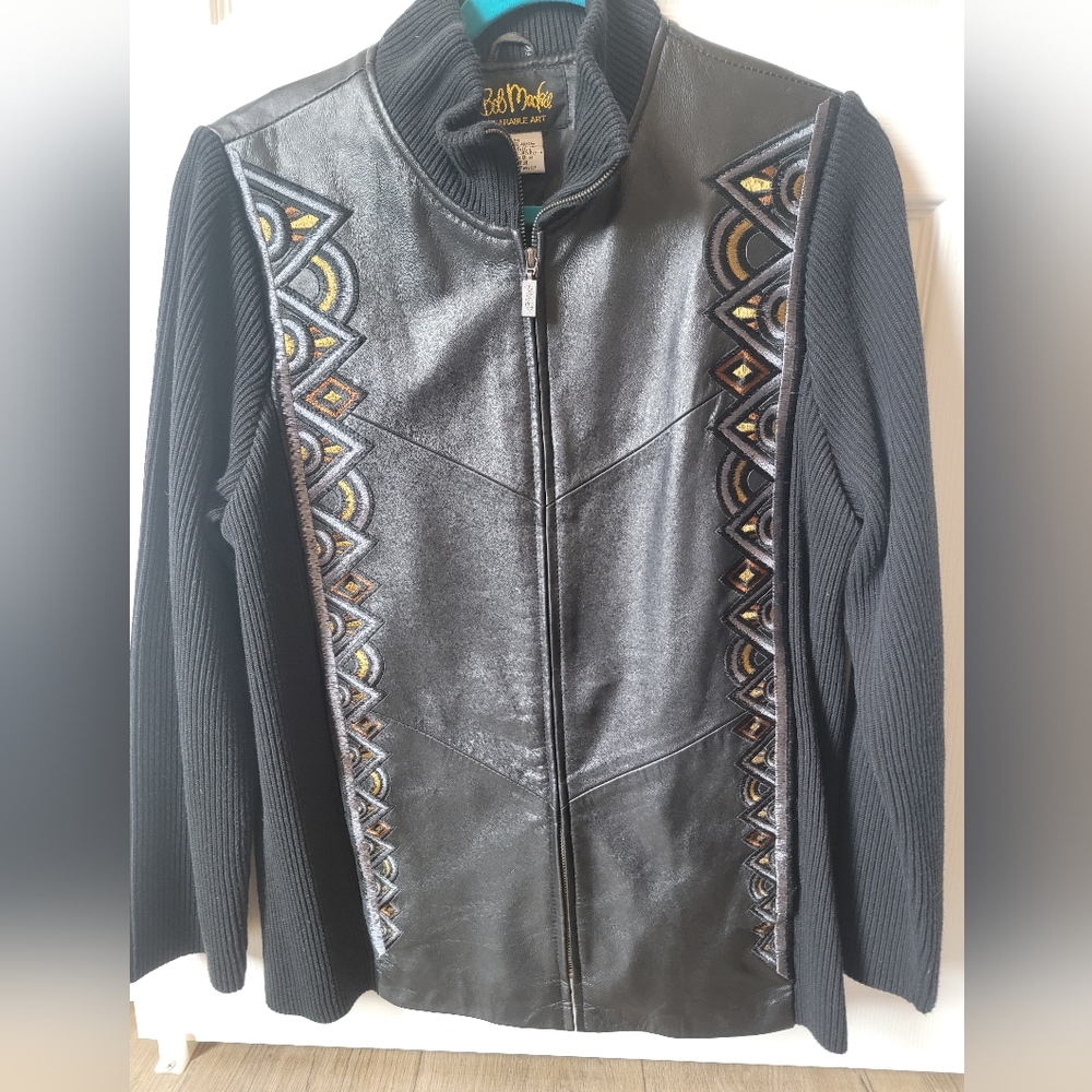 Bob Mackie Black Leather-Front Zip Jacket with Embroidered Trim